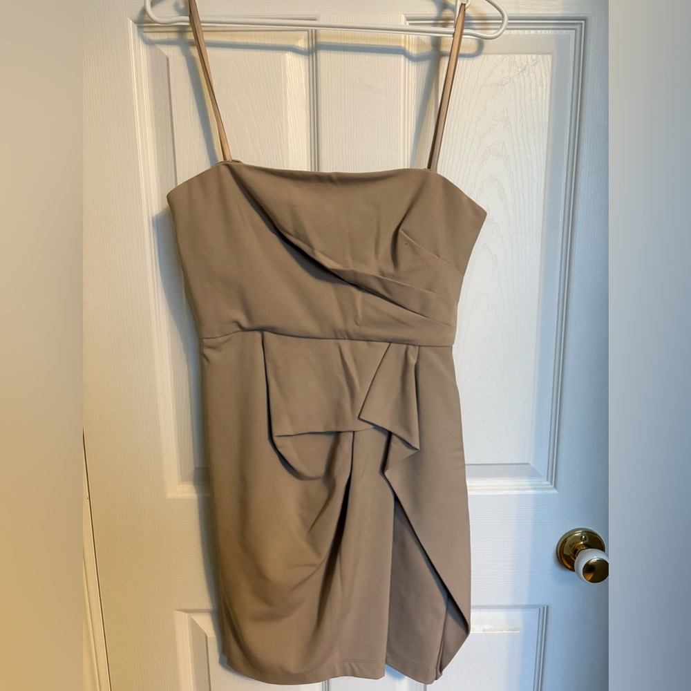 BCBG Max Azria Taupe Strapless Cascade-Front Cocktail Dress